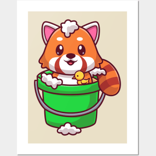 Cute Red Panda Bathing In Bucket Cartoon Posters and Art